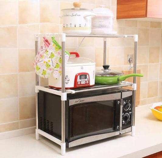 Primary: 2-Tier Expandable Microwave Oven Rack – Multi-Functional Kitchen Counter Shelf Organizer