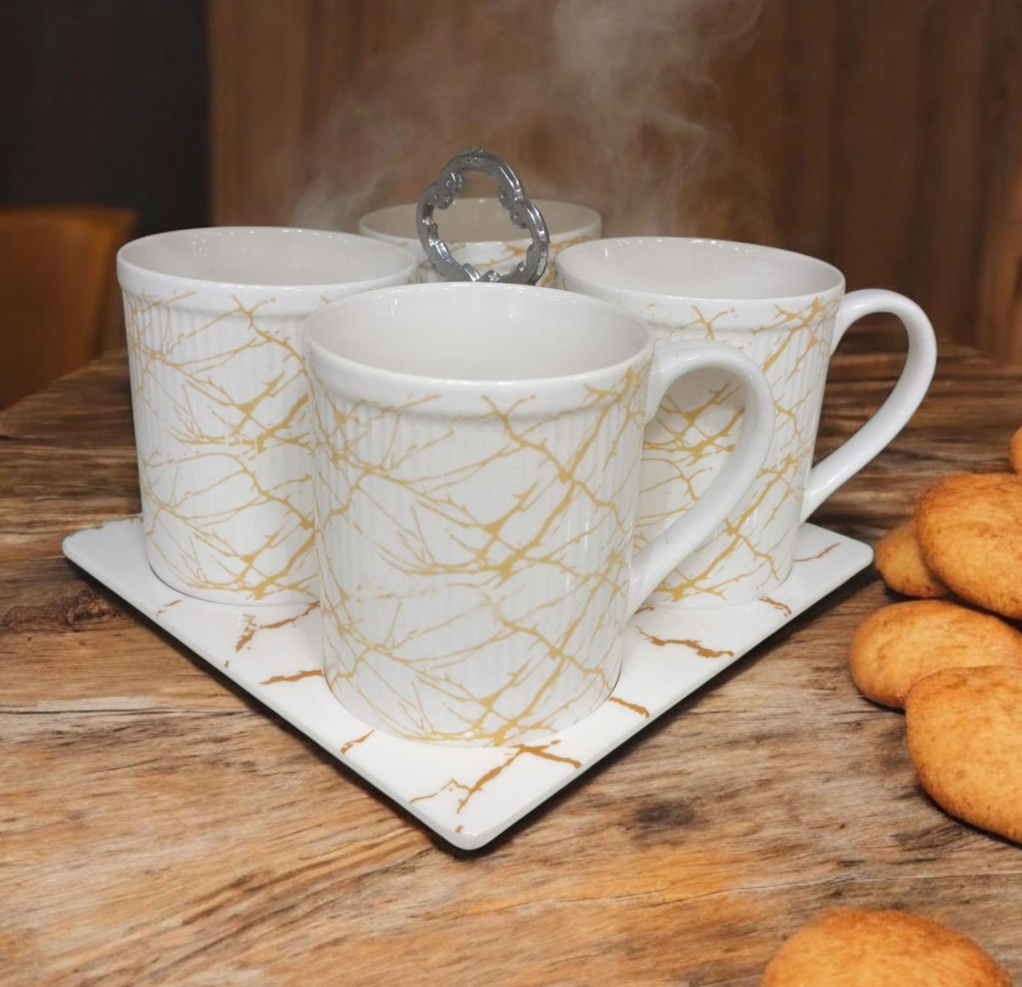 Set of 4 Marble-Effect Ceramic Coffee Mugs with Coaster Tray and Center Handle