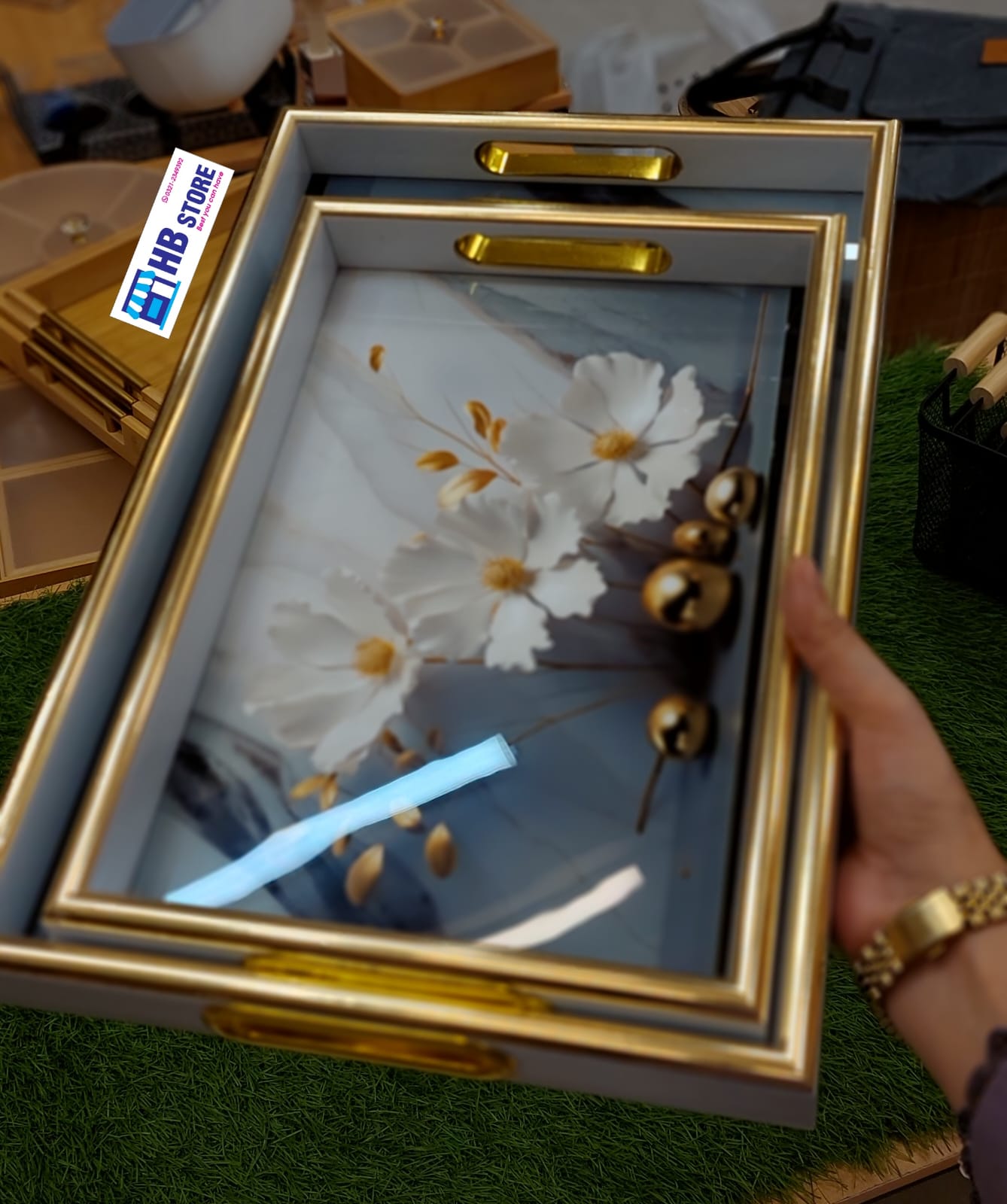 Luxury Wooden Serving Tray Set with Golden Floral Design – 2 Pieces