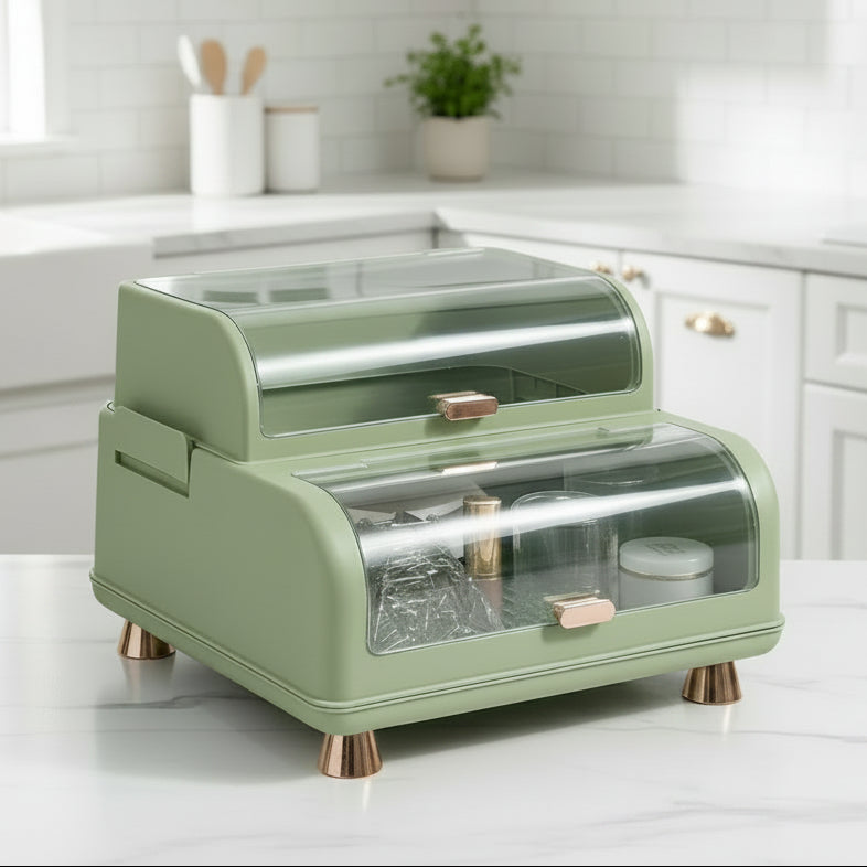 Green Double-Layer Dish Rack with Dustproof Lid