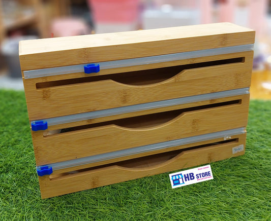 Bamboo Cling Film Cutting Box, Foil and Plastic Wrap Organizer with Cutter Dispenser, Kitchen Organization and Storage