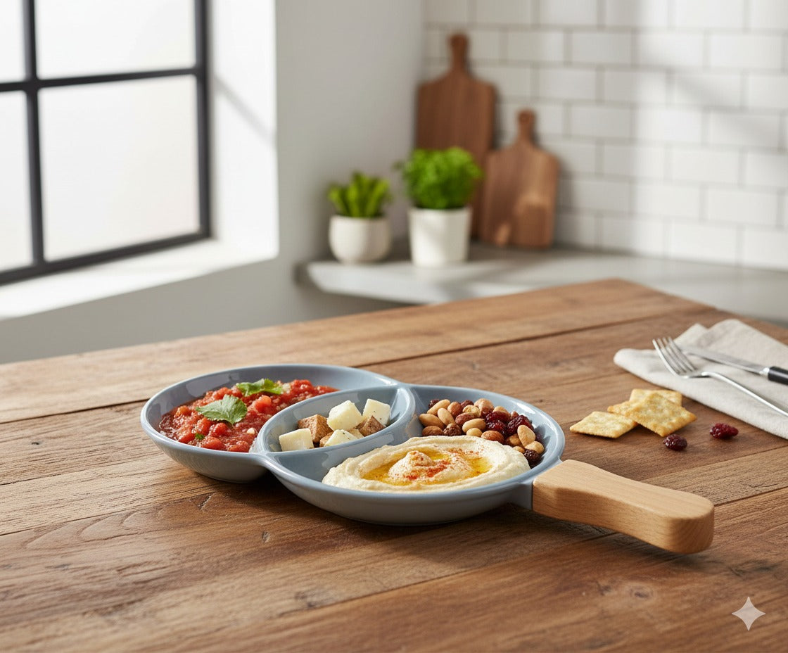 3-Compartment Ceramic Serving Platter with Ergonomic Wooden Handle – Slate Grey
