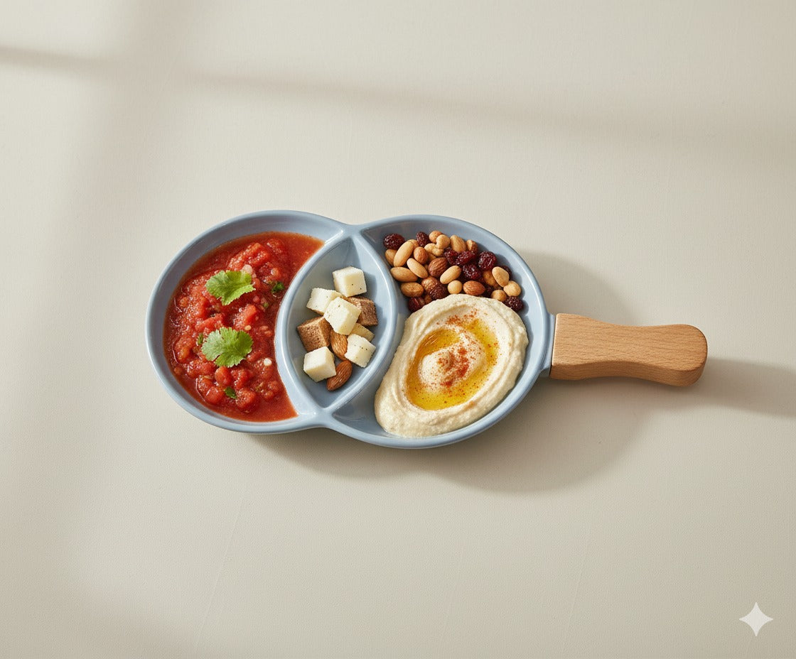 3-Compartment Ceramic Serving Platter with Ergonomic Wooden Handle – Slate Grey
