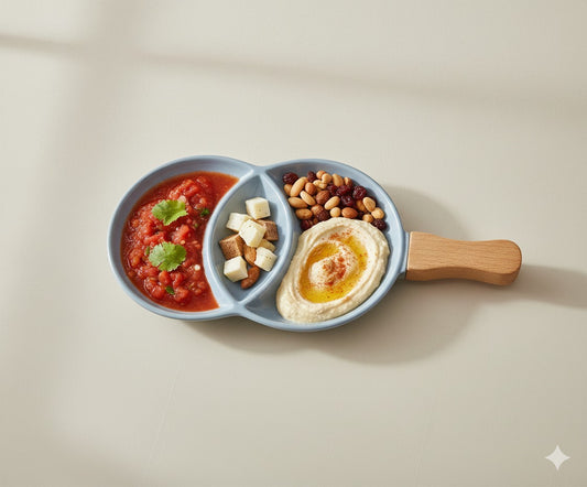 3-Compartment Ceramic Serving Platter with Ergonomic Wooden Handle – Slate Grey