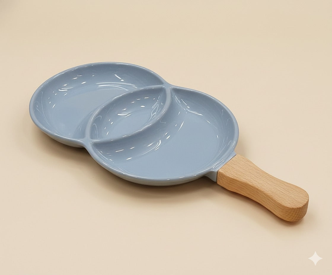 3-Compartment Ceramic Serving Platter with Ergonomic Wooden Handle – Slate Grey
