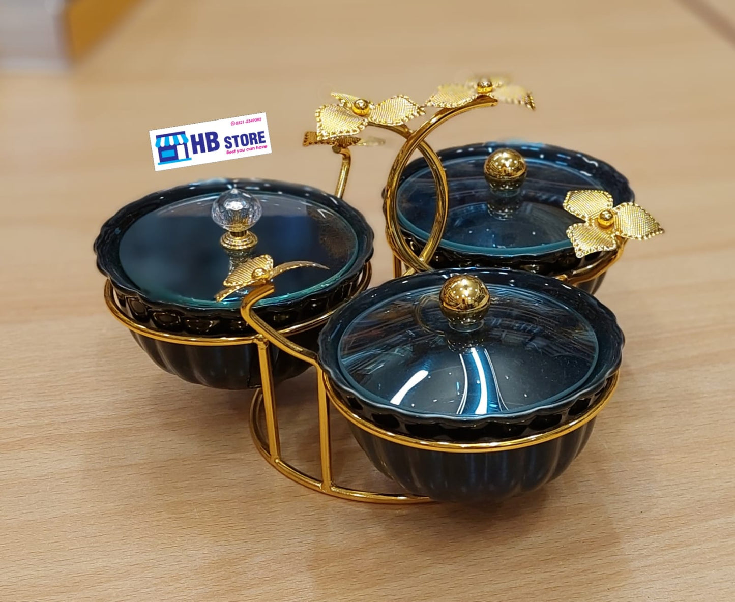 Elegant 3-Portion Glass Serving Dish with Golden Stand and Lids
