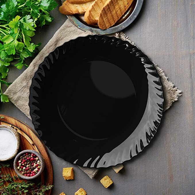 Black Glass Dinner Plates & Bowl