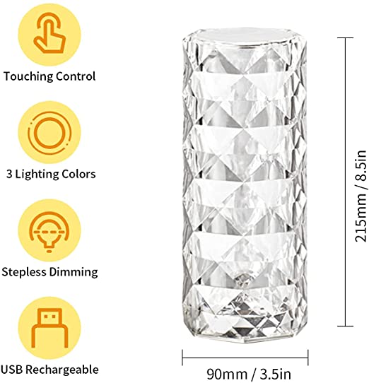 Crystal Diamond Table Lamp - Rechargeable Color Changing