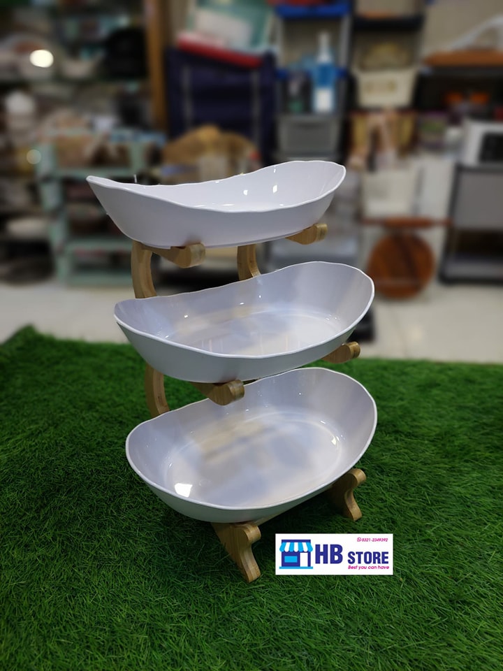 3 Tier Plastic Fruit Server With Wooden Stand