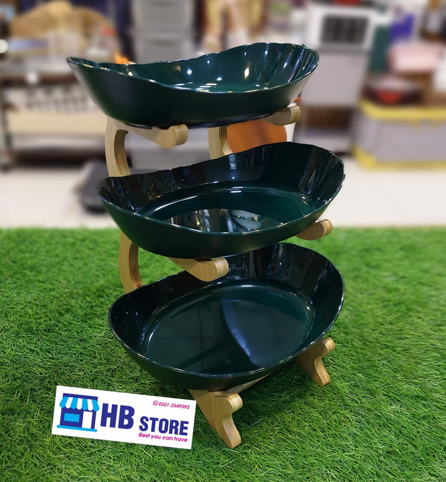 3 Tier Plastic Fruit Server With Wooden Stand