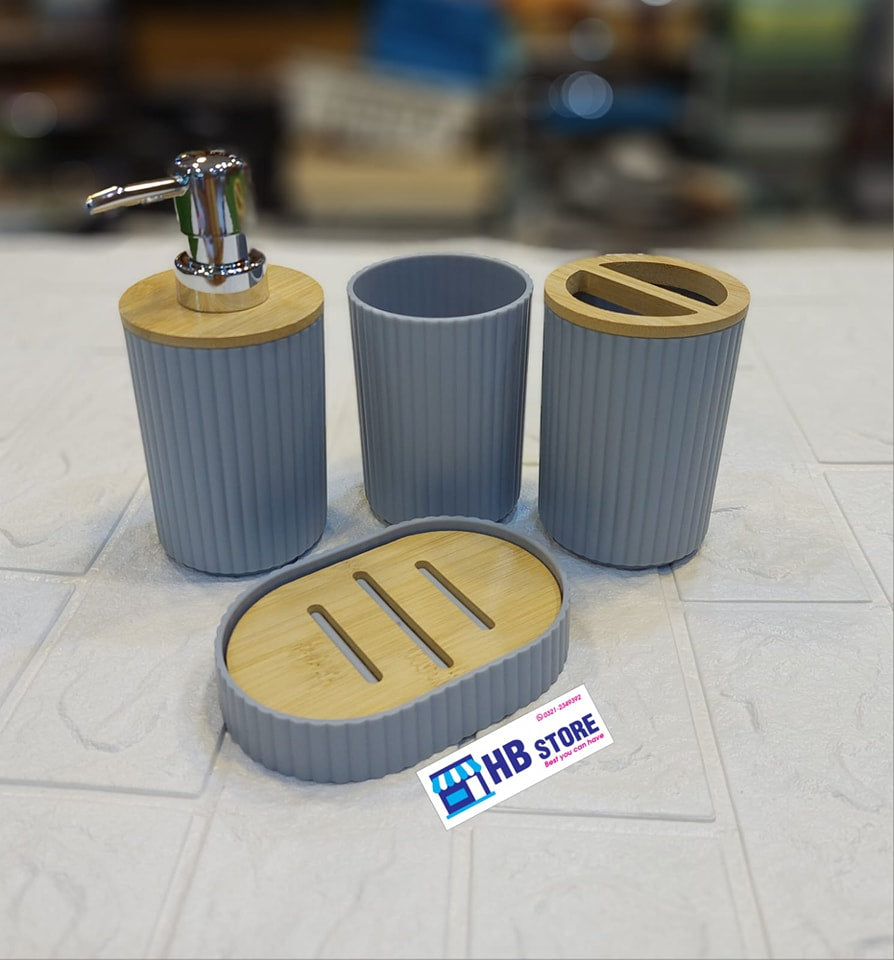 4Pcs Plastic & Wooden Bathroom Set