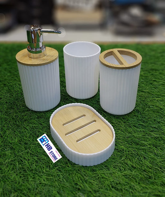 4Pcs Plastic & Wooden Bathroom Set