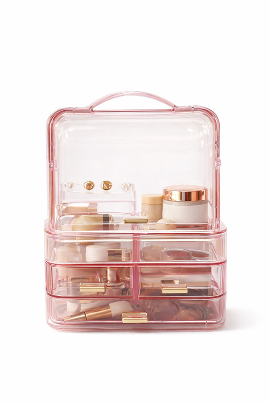 Luxury Transparent Pink 3-Tier Makeup & Jewelry Organizer Box with Handle