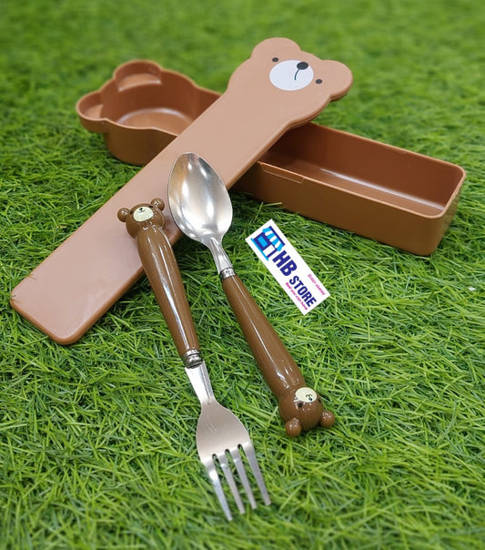 Kids' Bear-Themed Spoon & Fork Set with Travel Case