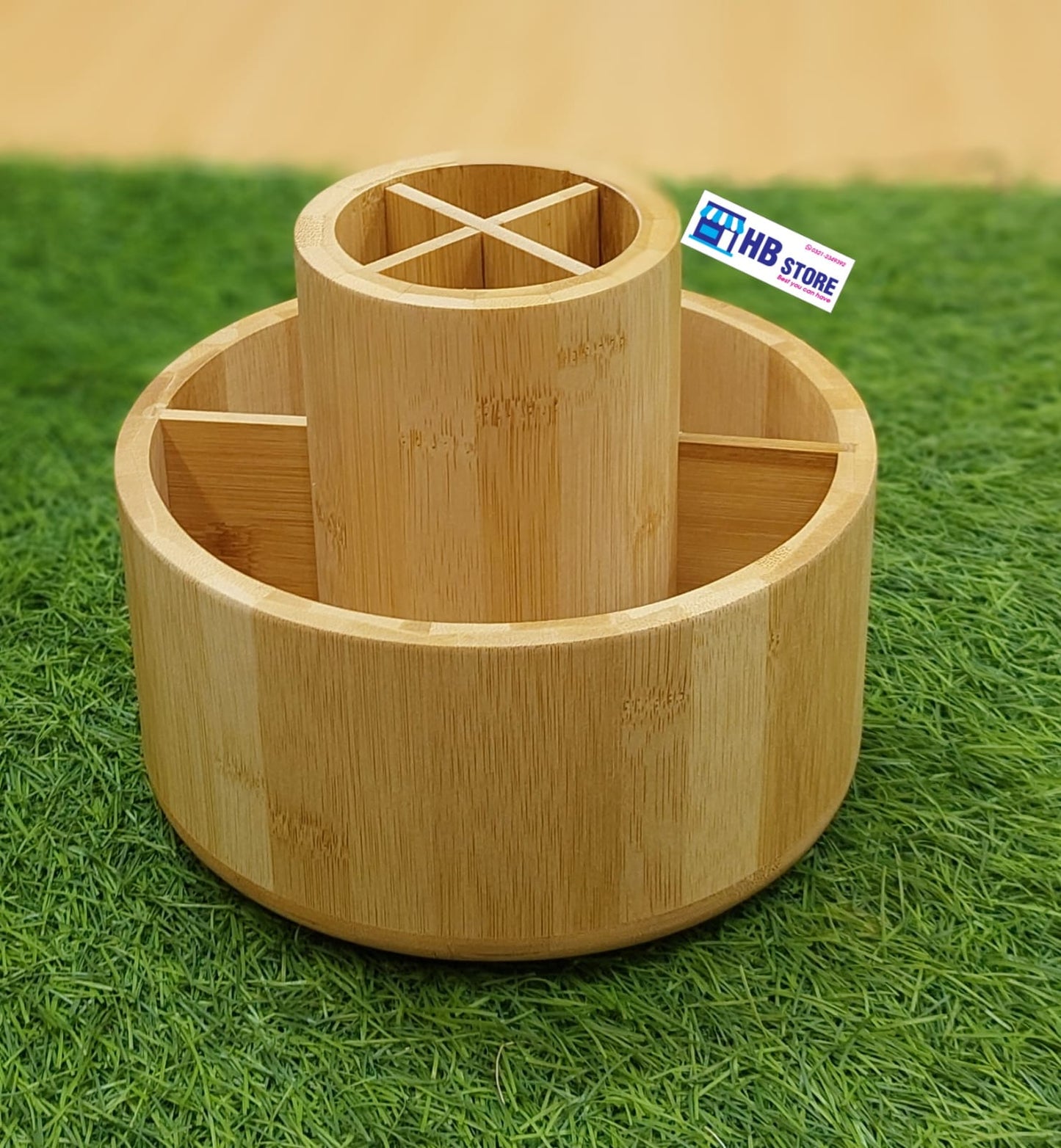 Eco-Friendly Bamboo Rotating Desk & Kitchen Organizer – 360° Multi-Compartment Storage Caddy