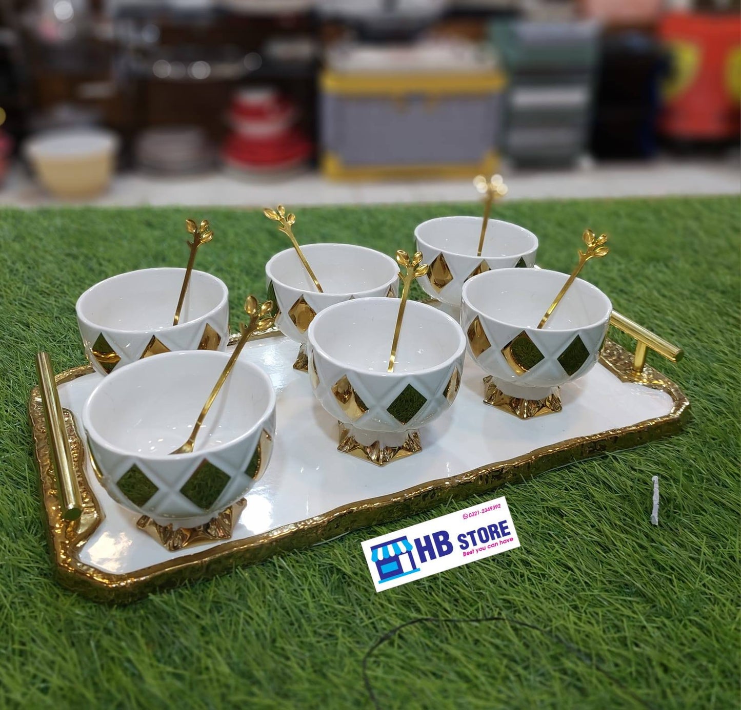 Exclusive Ceramic Material Ice Cream Serving Set With Ceramic Tray & Golden Spoons