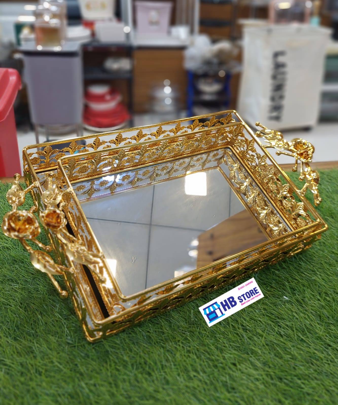 2Pcs Golden Frame Mirror Tray Set