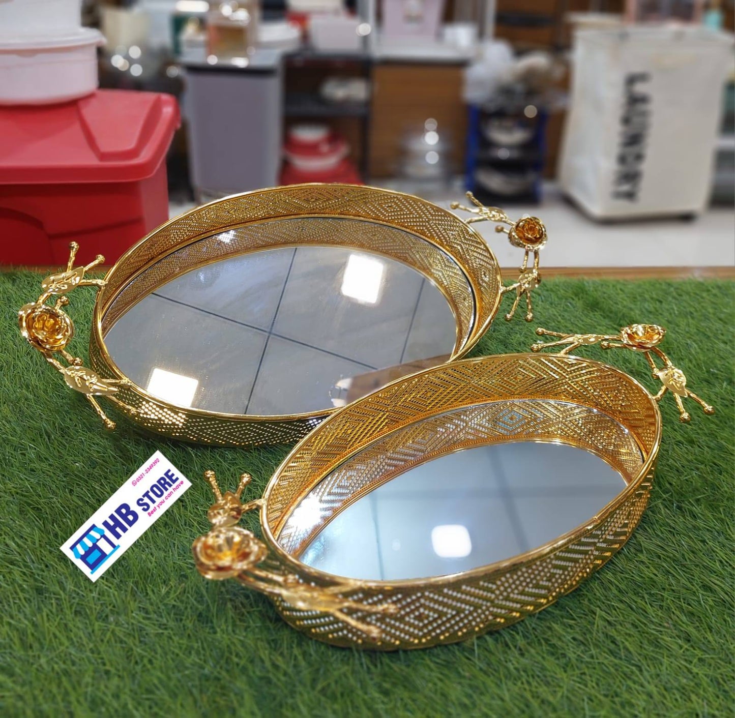 2Pcs Golden Frame Mirror Tray Set