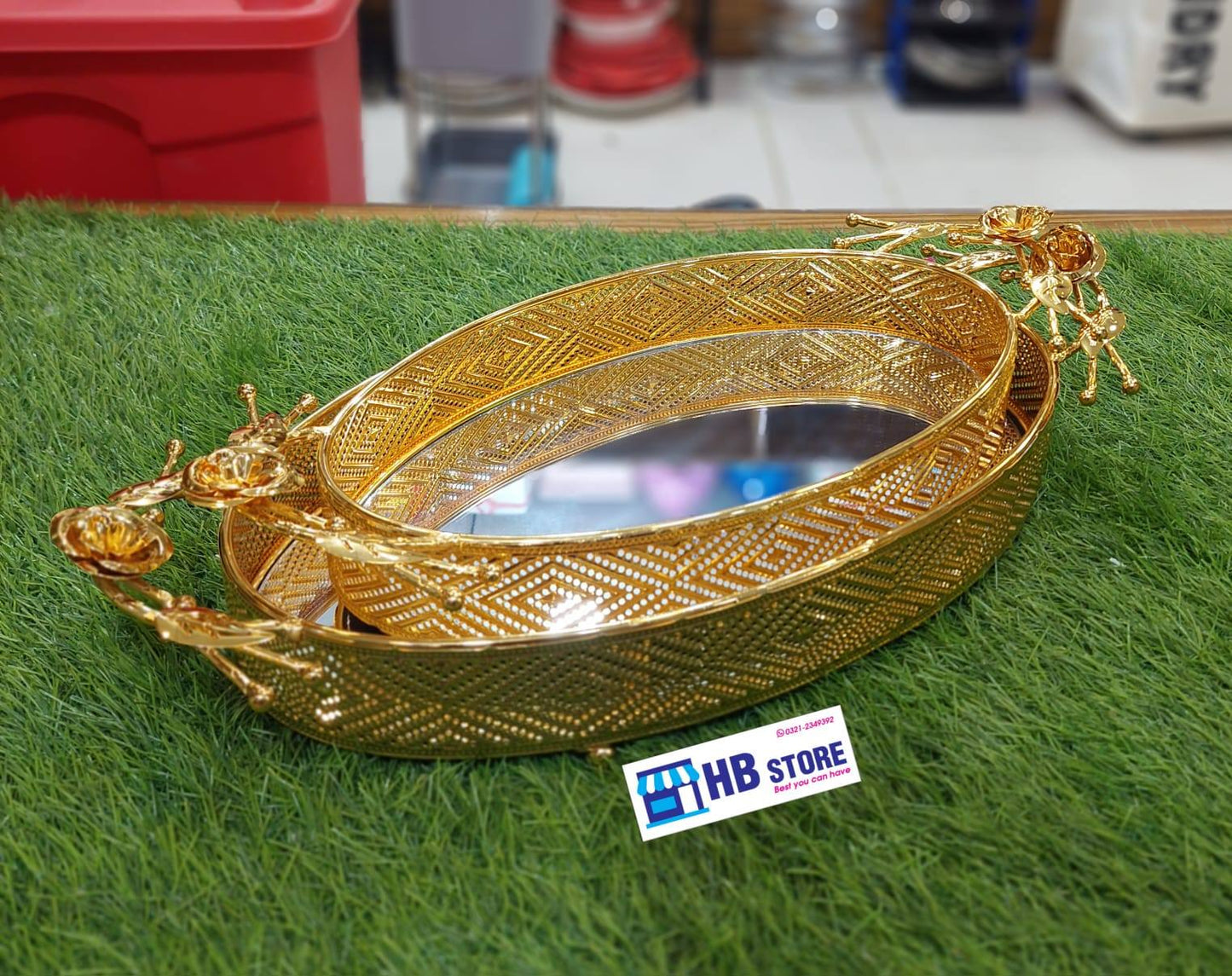 2Pcs Golden Frame Mirror Tray Set