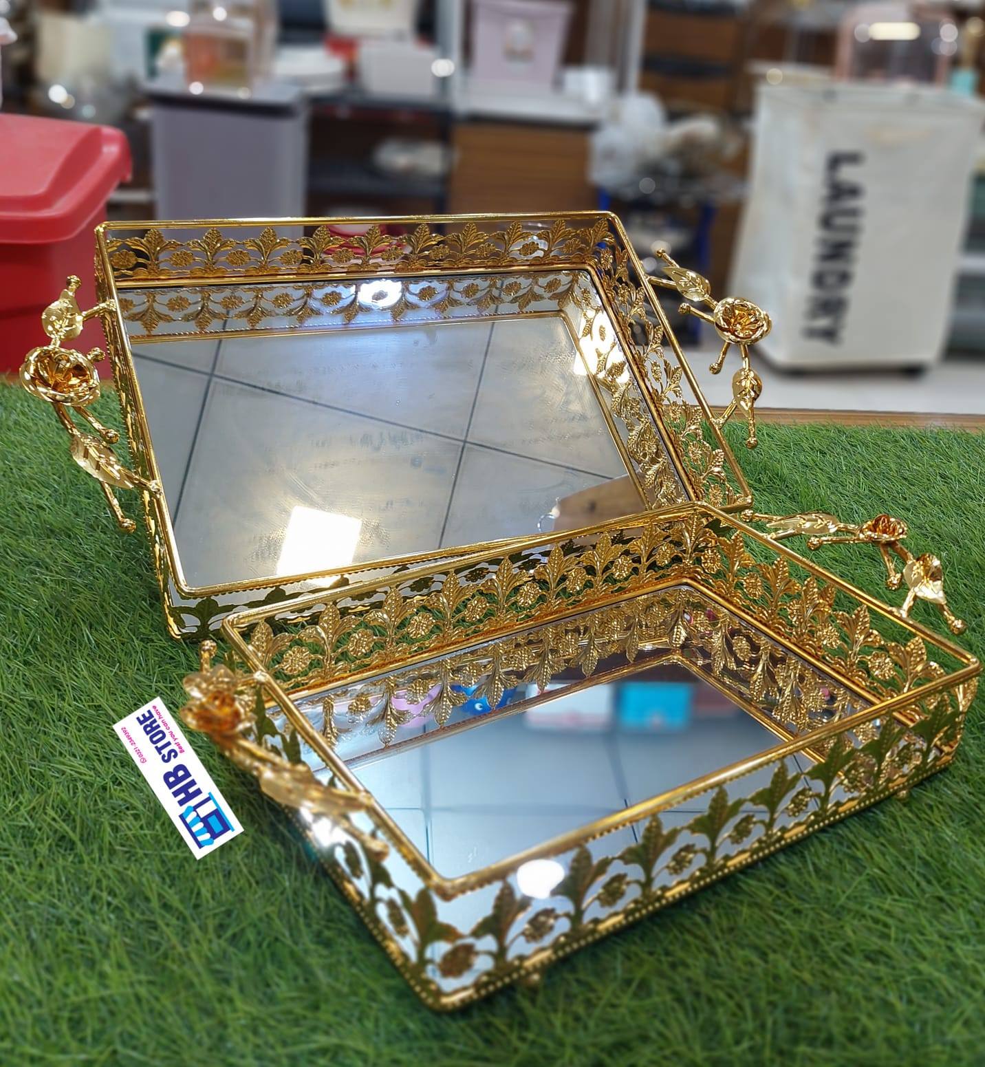 2Pcs Golden Frame Mirror Tray Set