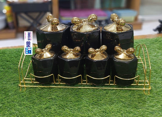 7Pcs Ceramic Black Gold Spice Rack