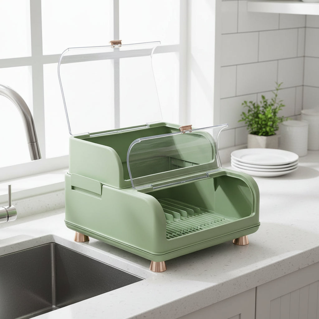Green Double-Layer Dish Rack with Dustproof Lid