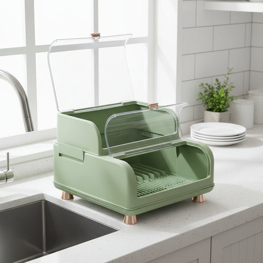 Green Double-Layer Dish Rack with Dustproof Lid