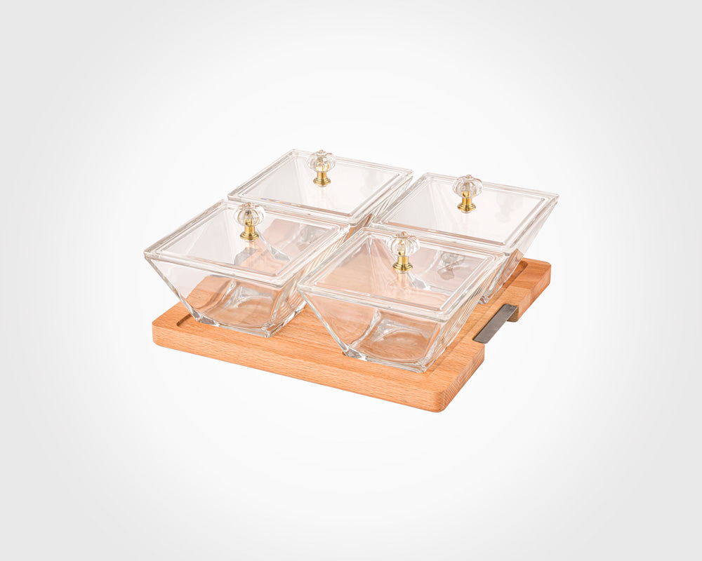 Square Snack Serving Tray With Wooden Base