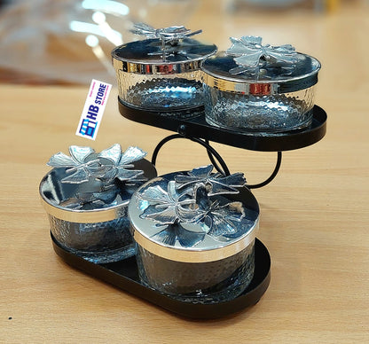 Elegant Glass Serving Jars with Silver Floral Lids and Metal Stand 4-Piece Tiered Stand & 2-Piece Handle Stand