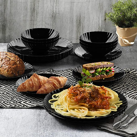 Black Glass Dinner Plates & Bowl