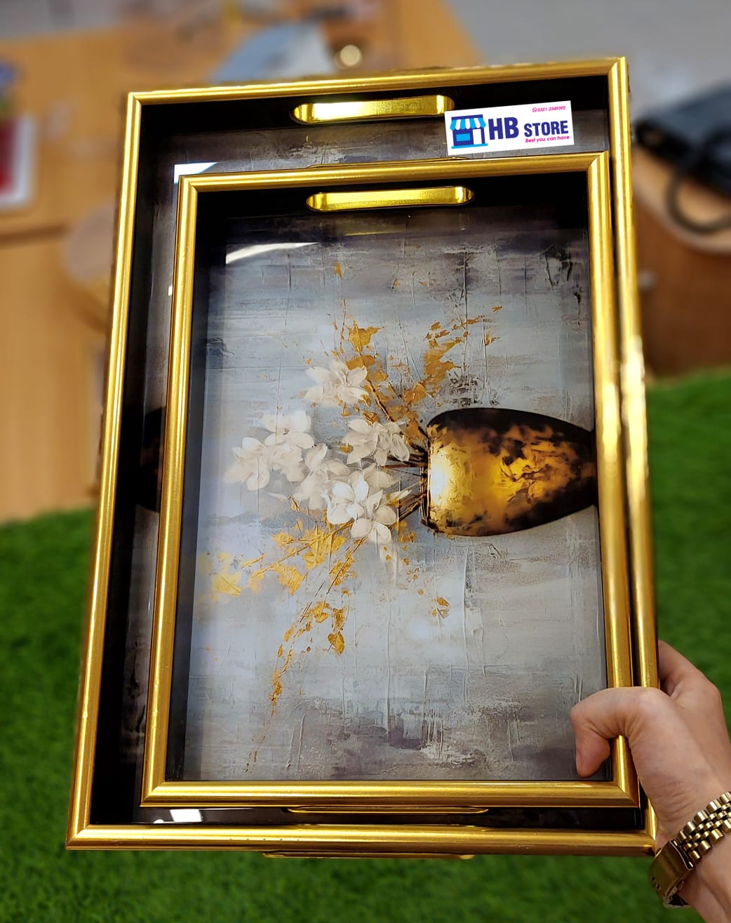 Luxury Wooden Serving Tray Set with Golden Floral Design – 2 Pieces