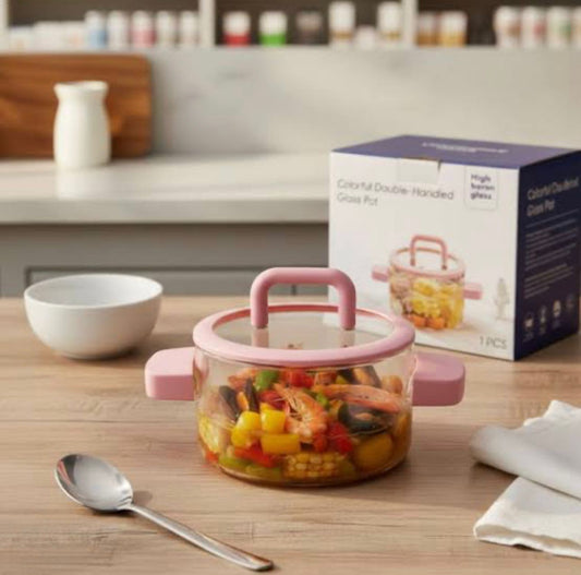 Modern  Glass Cooking Pot with Heat-Resistant  Pink Silicon Handles and Lid