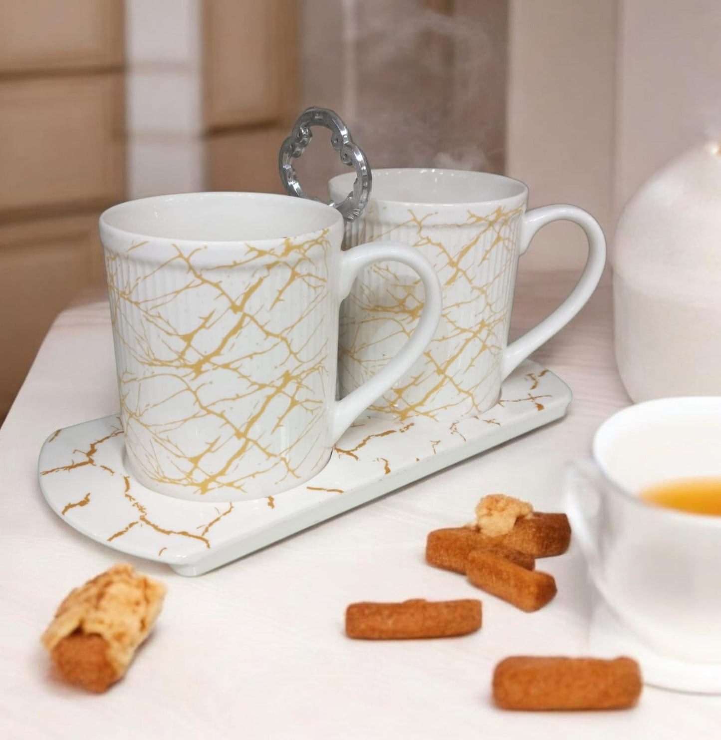 Set of 4 Marble-Effect Ceramic Coffee Mugs with Coaster Tray and Center Handle