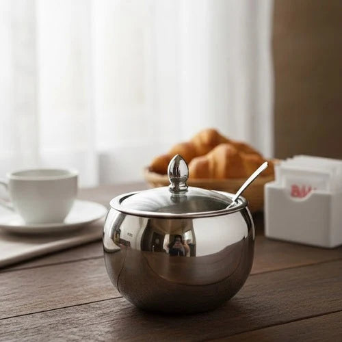 Stainless Steel Sugar Pot with Glass Lid and Spoon