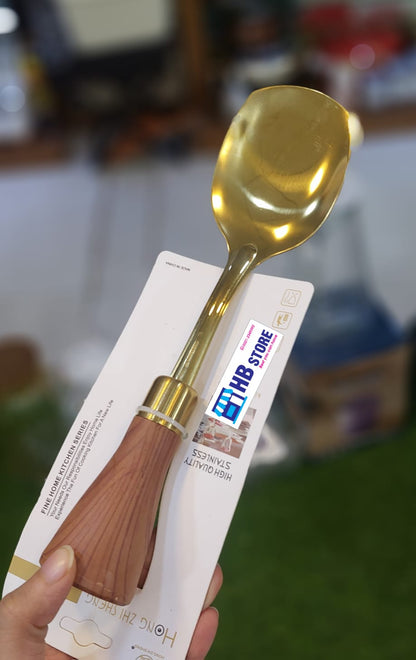Golden Serving Spoon With Wooden Handel