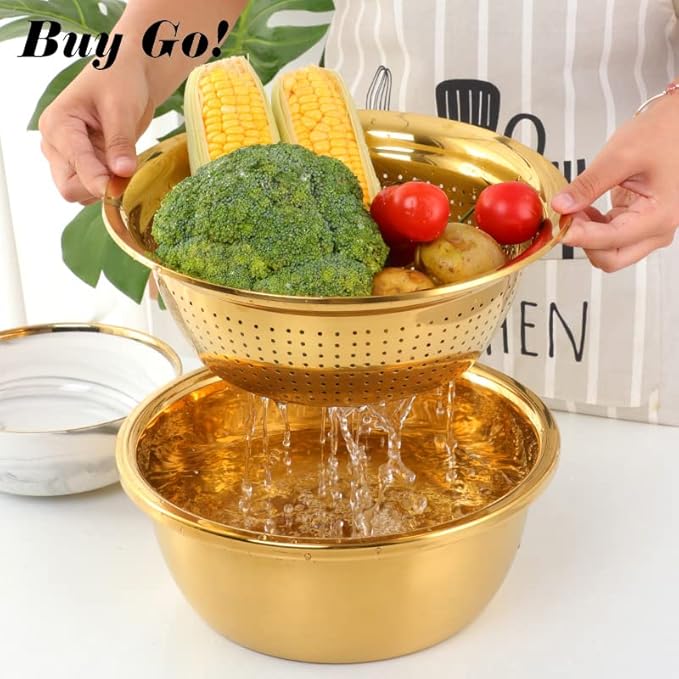 Golden Steel Drainer Cutter Lid Bowl Complete Set