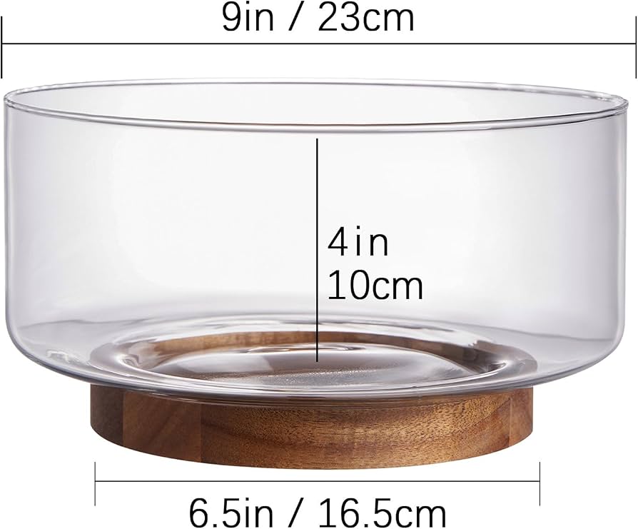 Glass Fruit and Salad Serving Bowl with Acacia Wood Base