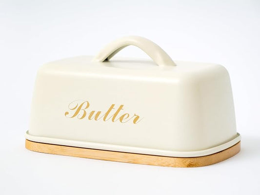 Vintage Metal Butter Dish with Bamboo Base