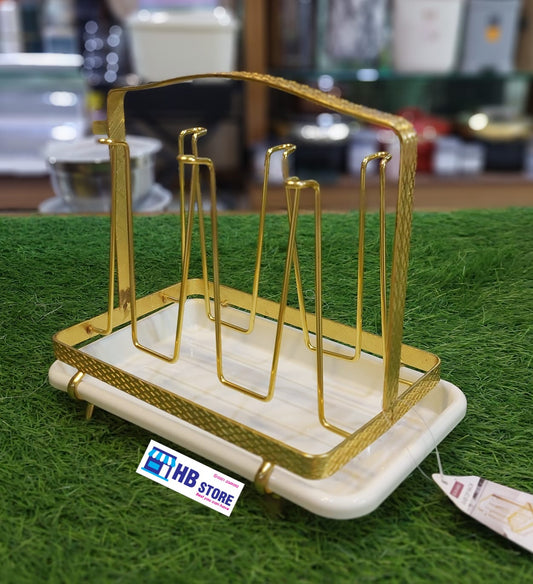 Golden Metal Glass Holder With Tray