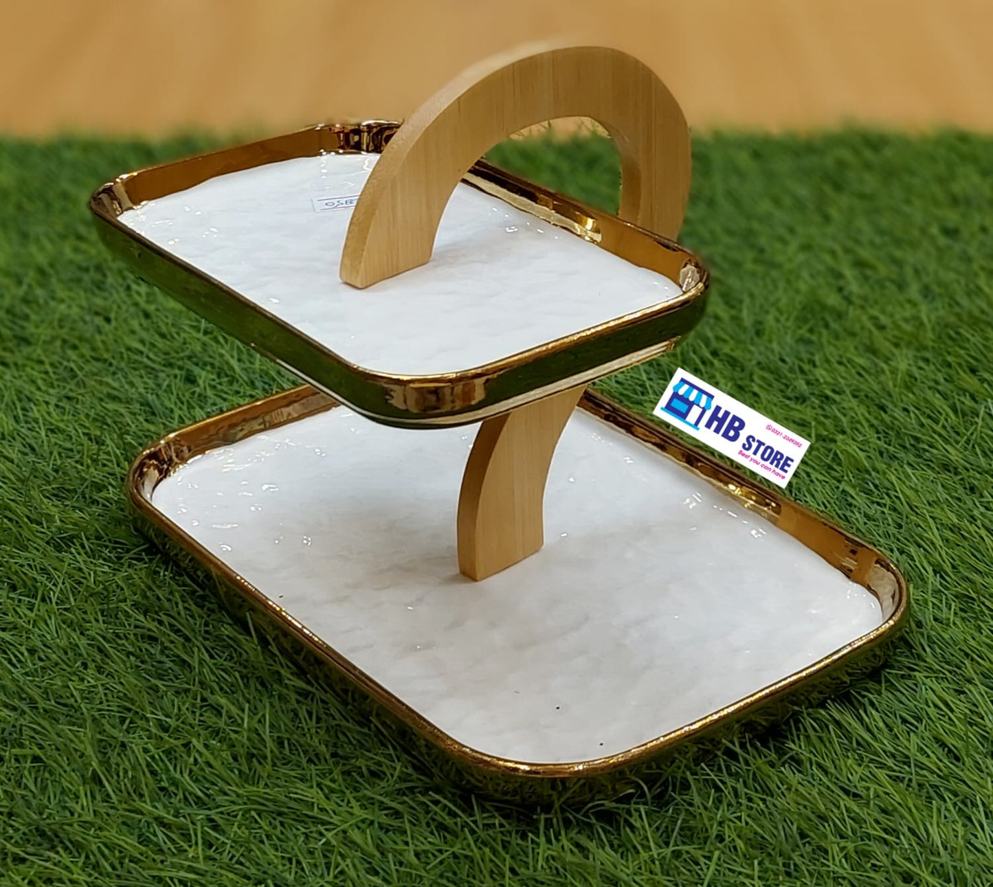 2-Tier White & Gold Ceramic Serving Stand with Bamboo Handle