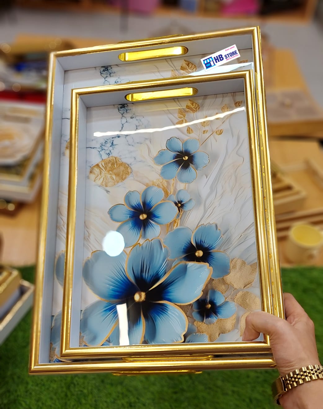 Luxury Wooden Serving Tray Set with Golden Floral Design – 2 Pieces