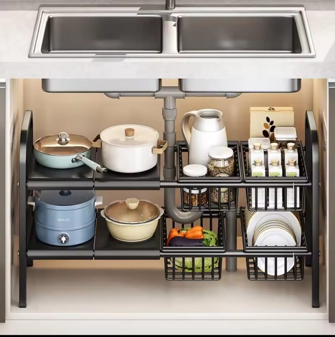 Extendable Under Sink Storage Rack with Baskets
