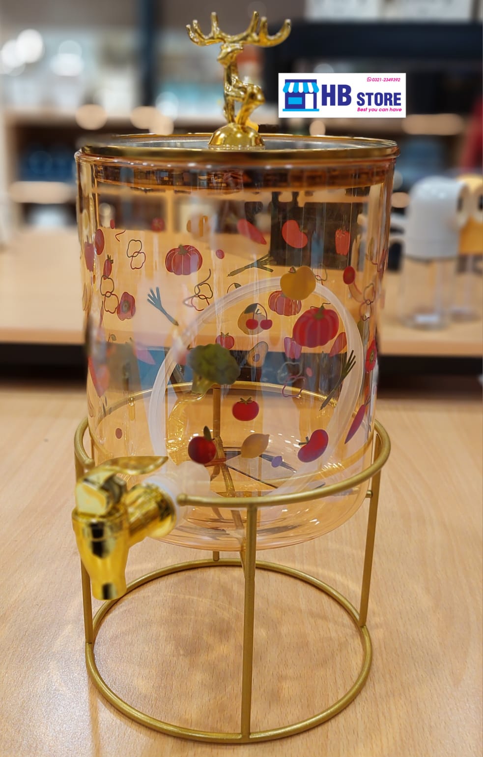 Printed Glass Juice Dispenser With Satnd