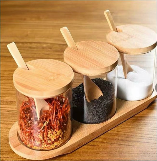 3Pcs Wooden Cap Glass Spice Set