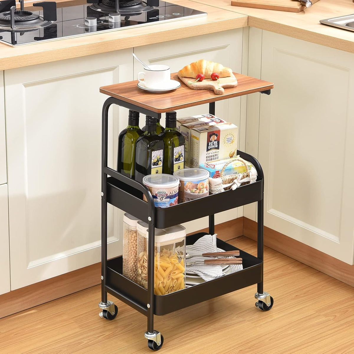 Premium 3-Layer Mobile Storage Trolley with Wood Top