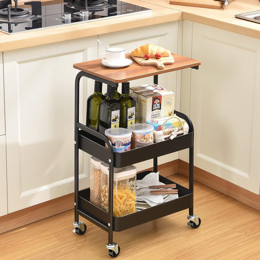 Premium 3-Layer Mobile Storage Trolley with Wood Top