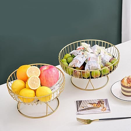 Golden Metal Fruit Basket With Glass Plate