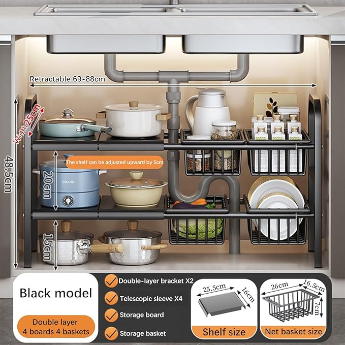 Extendable Under Sink Storage Rack with Baskets