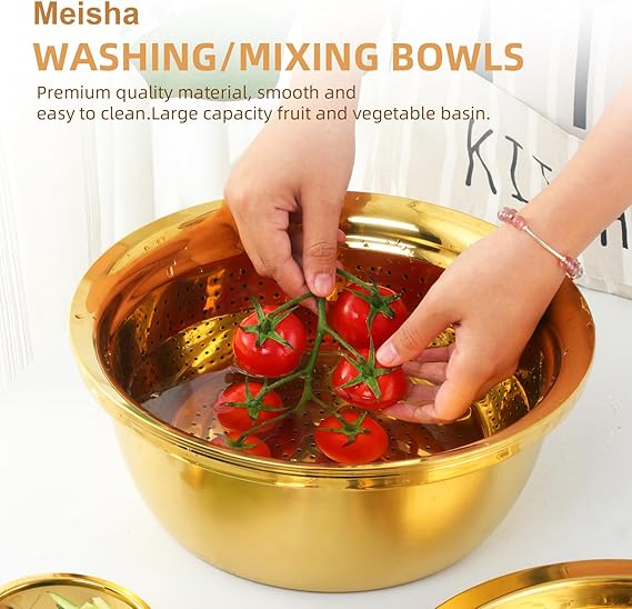 Golden Steel Drainer Cutter Lid Bowl Complete Set