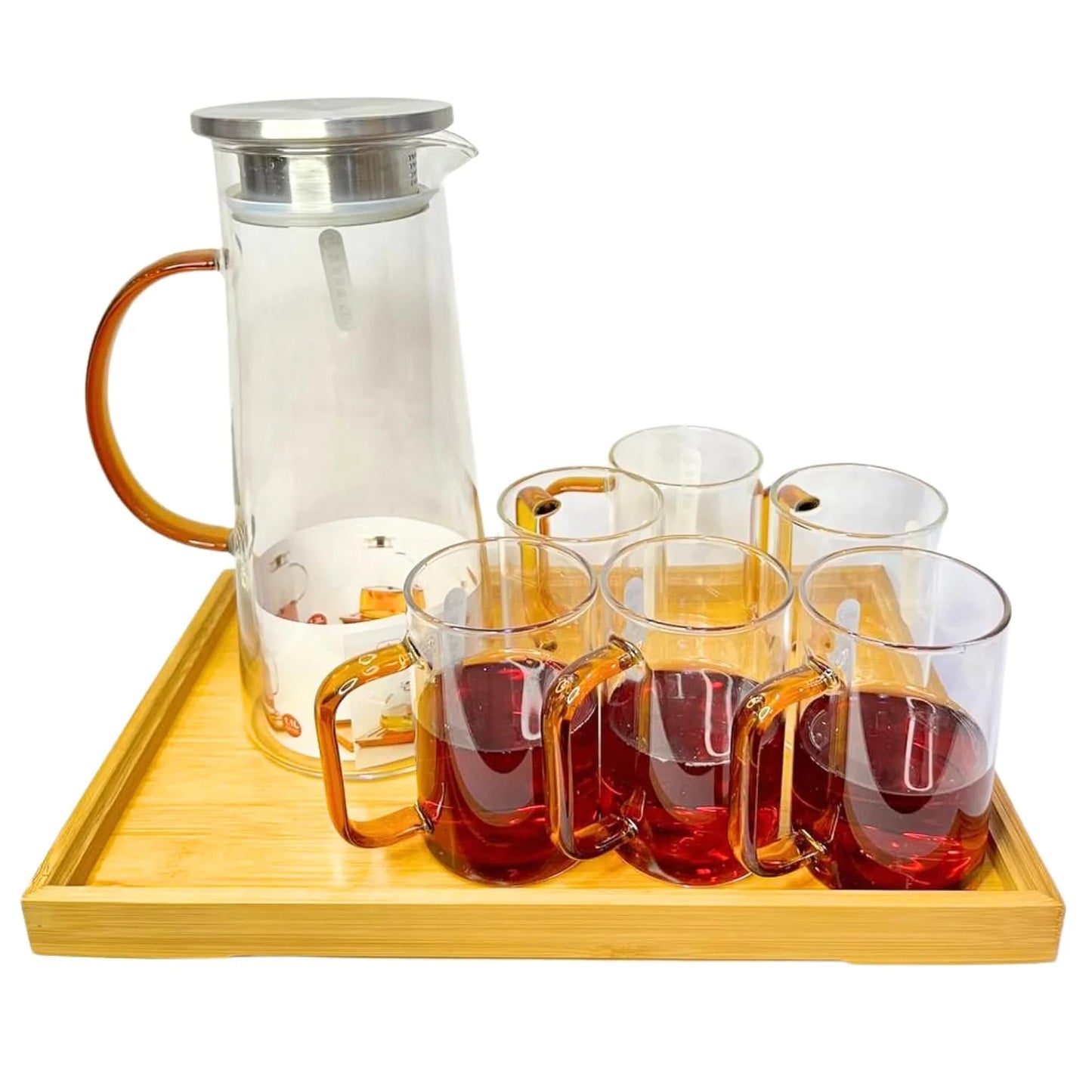 Beautiful Glass Pitcher Set with Wooden Tray